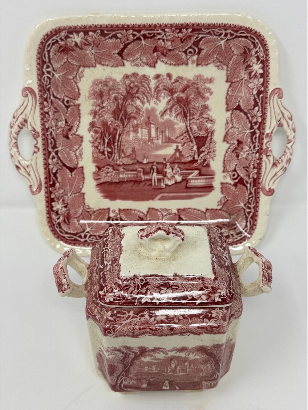 Vtg Mason's Vista England Ironstone China Tea Set with Tray & Covered Sugar Bowl